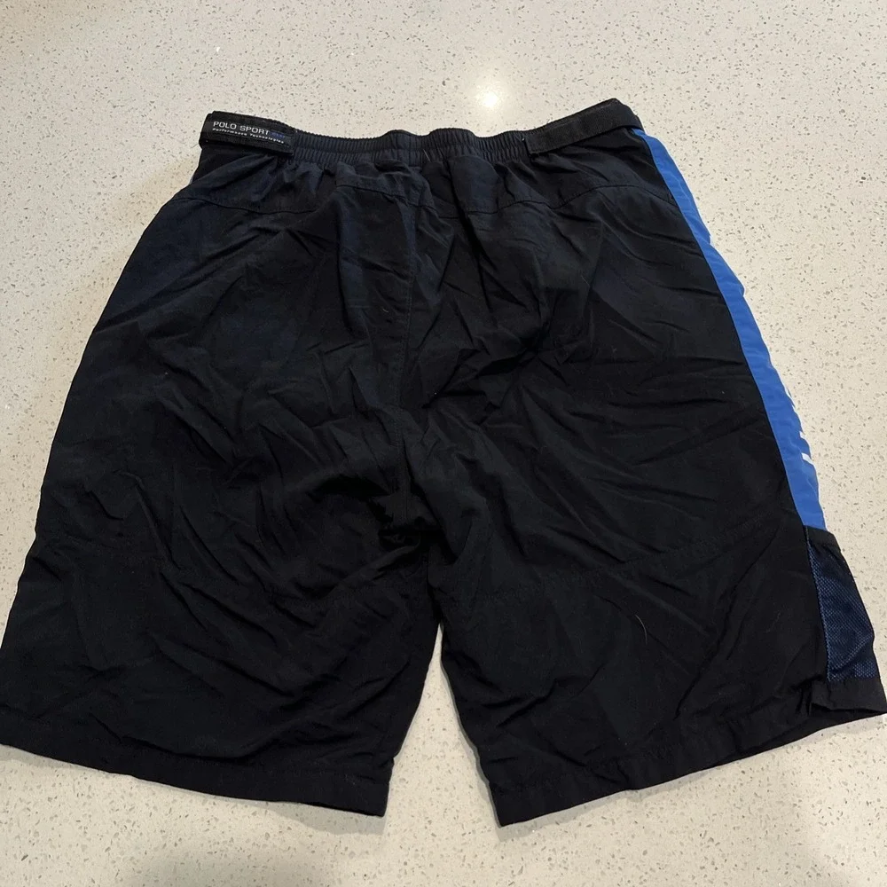 Vintage Polo Sport‎ Swim Trunks Mens XL Blue Stripe Spell Out Logo Zip Pockets